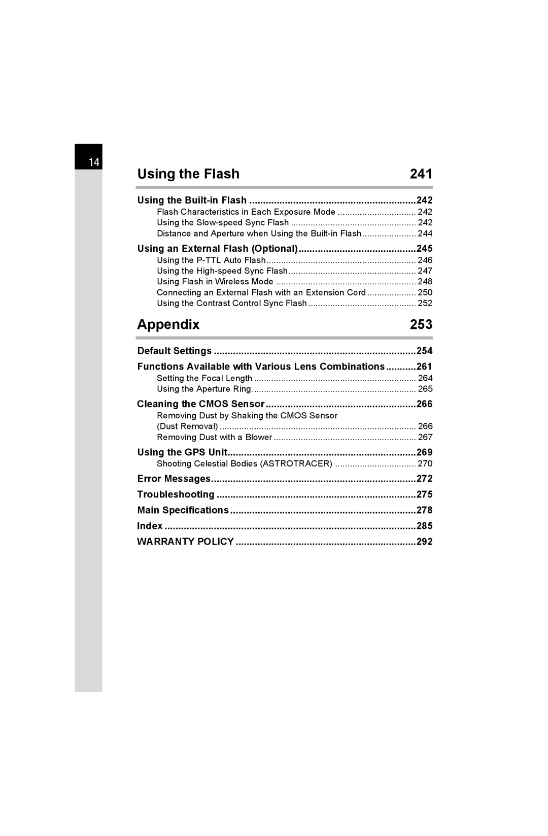 Pentax K-50 specifications Using the Flash, Appendix 