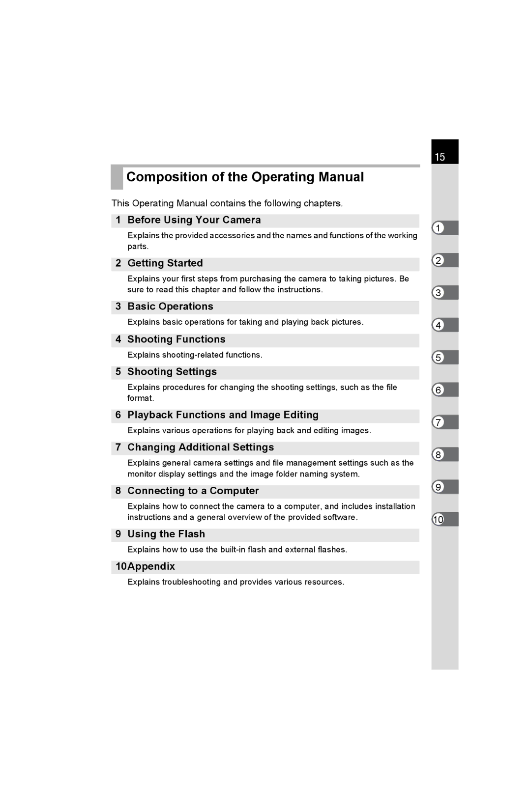 Pentax K-50 specifications Composition of the Operating Manual 