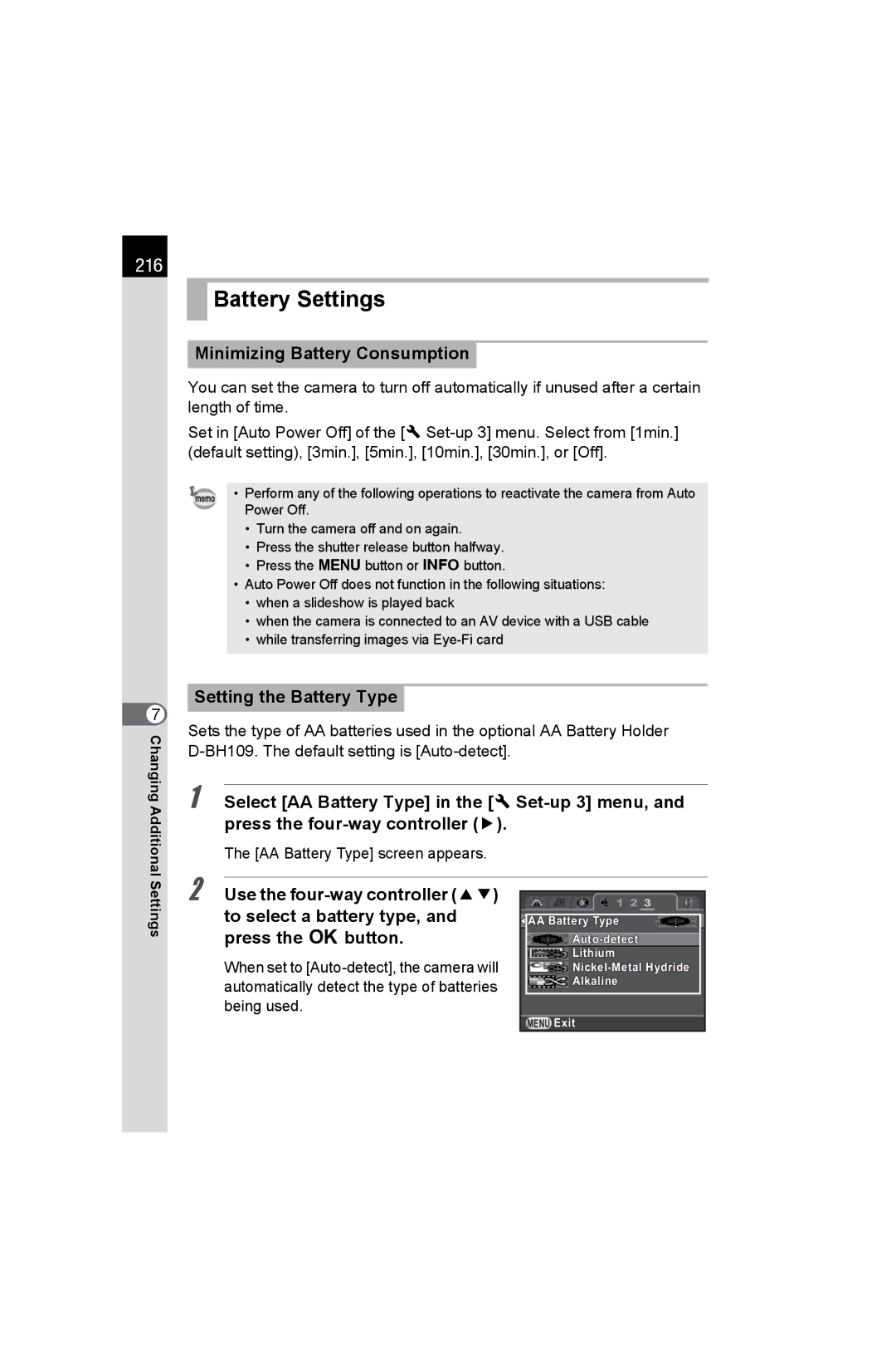 Pentax K-50 specifications Battery Settings, 216, Minimizing Battery Consumption, Setting the Battery Type 