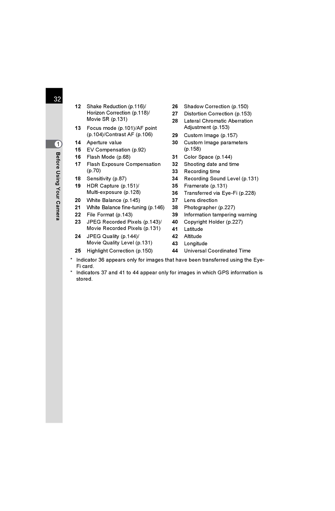 Pentax K-50 specifications Focus mode p.101/AF point p.104/Contrast AF p.106 