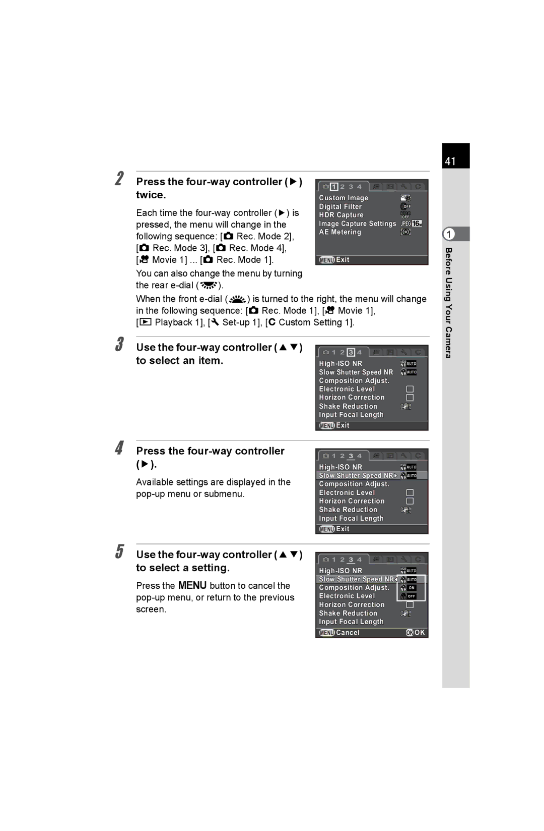 Pentax K-50 specifications Press the four-way controller 5 twice, Use the four-way controller 23 to select an item 