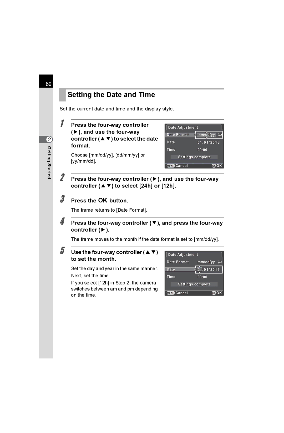 Pentax K-50 Setting the Date and Time, Use the four-way controller 23 to set the month, Frame returns to Date Format 