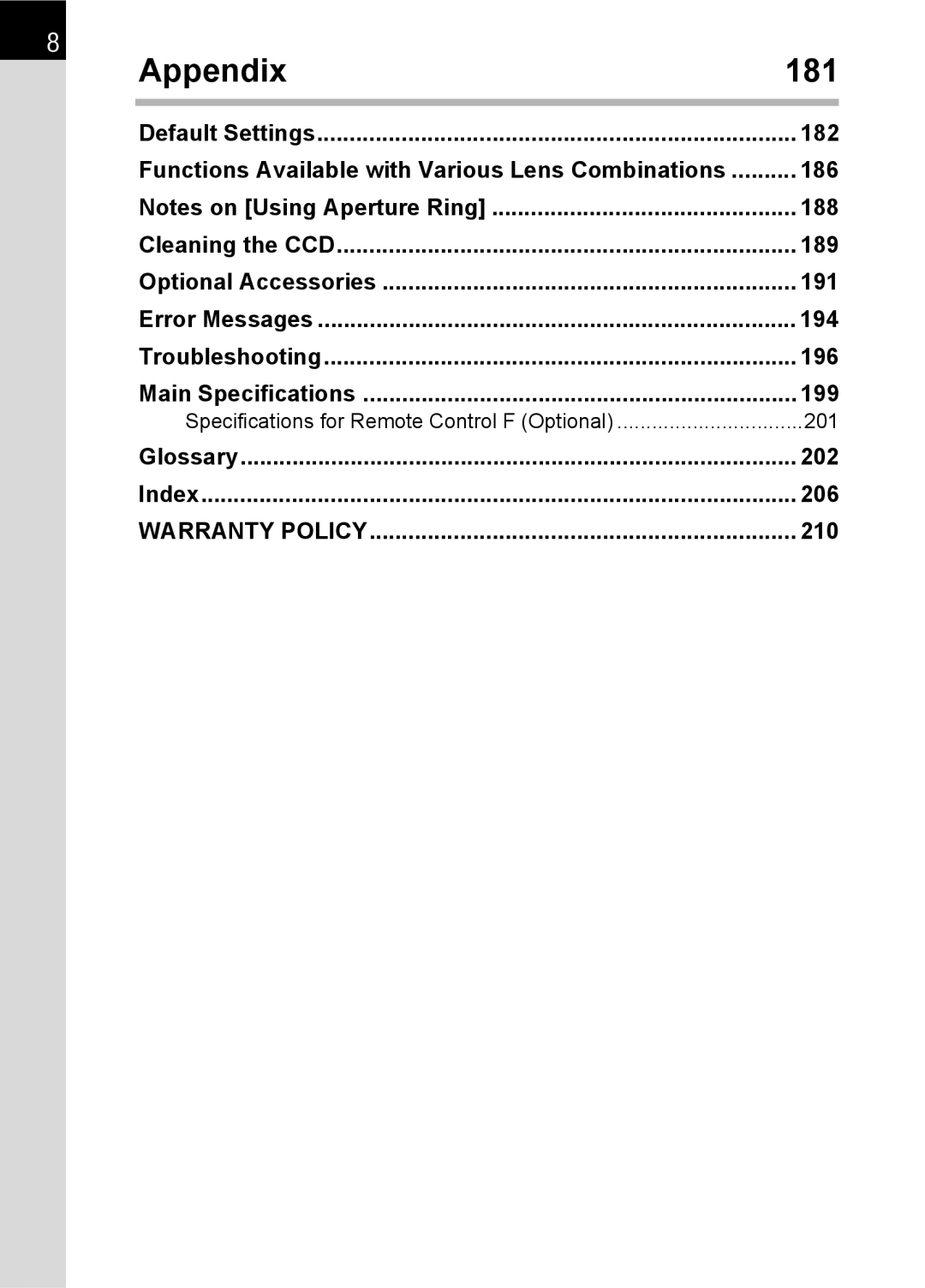 Pentax K100 D specifications Appendix 