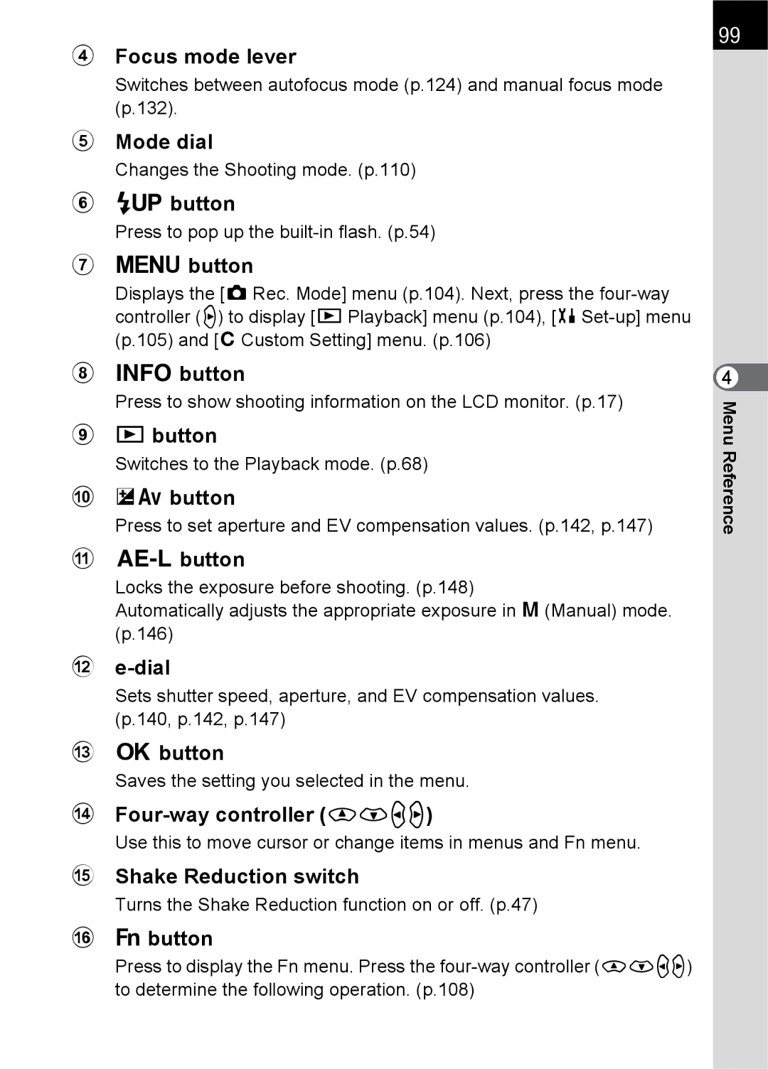 Pentax K100 D Focus mode lever, Mode dial, Kbutton, Mbutton, Mc button, Lbutton, Dial, 4button, Four-way controller mnop 