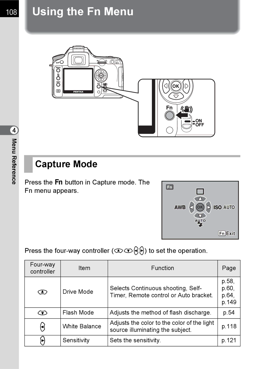 Pentax K100 D specifications Using the Fn Menu, Press the button in Capture mode. The Fn menu appears 