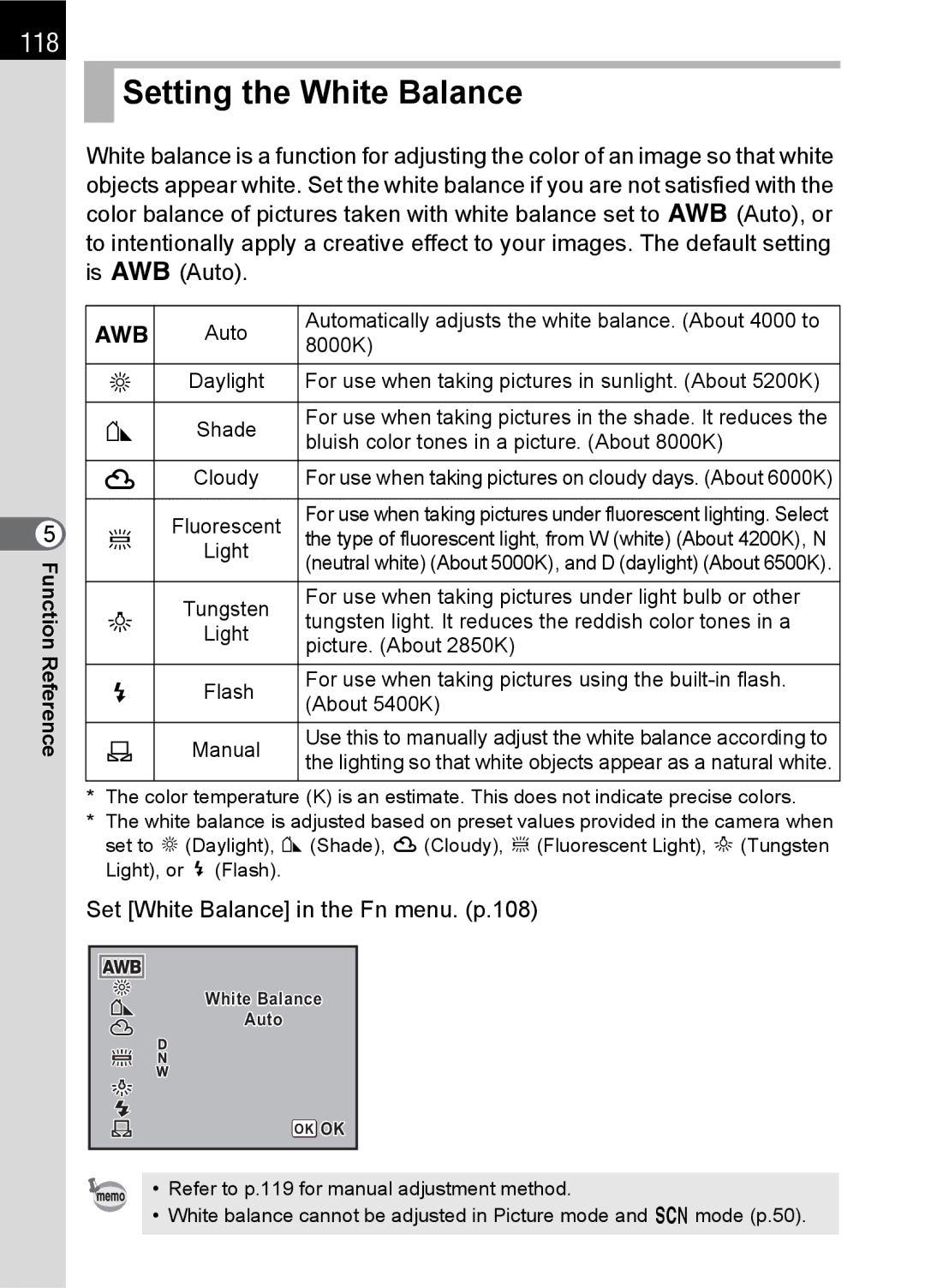 Pentax K100 D specifications Setting the White Balance, 118, Set White Balance in the Fn menu. p.108 