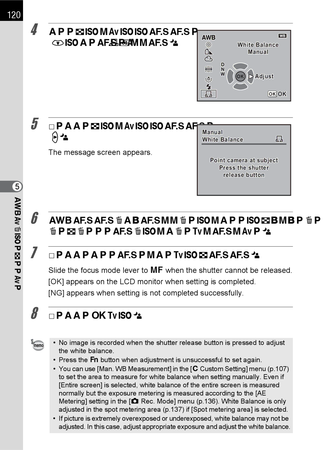 Pentax K100 D specifications 120, Use the four-way controller n to select K Manual, Message screen appears 