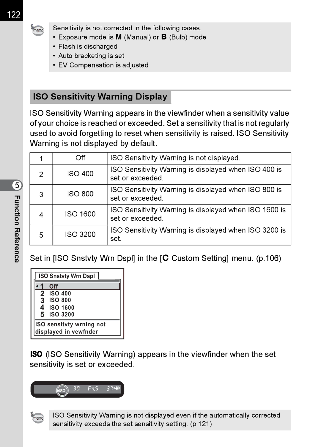 Pentax K100 D specifications 122, ISO Sensitivity Warning Display 