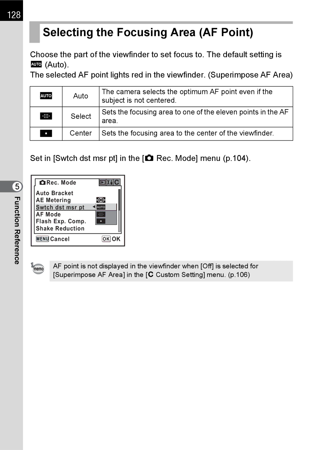 Pentax K100 D Selecting the Focusing Area AF Point, 128, Set in Swtch dst msr pt in the a Rec. Mode menu p.104 