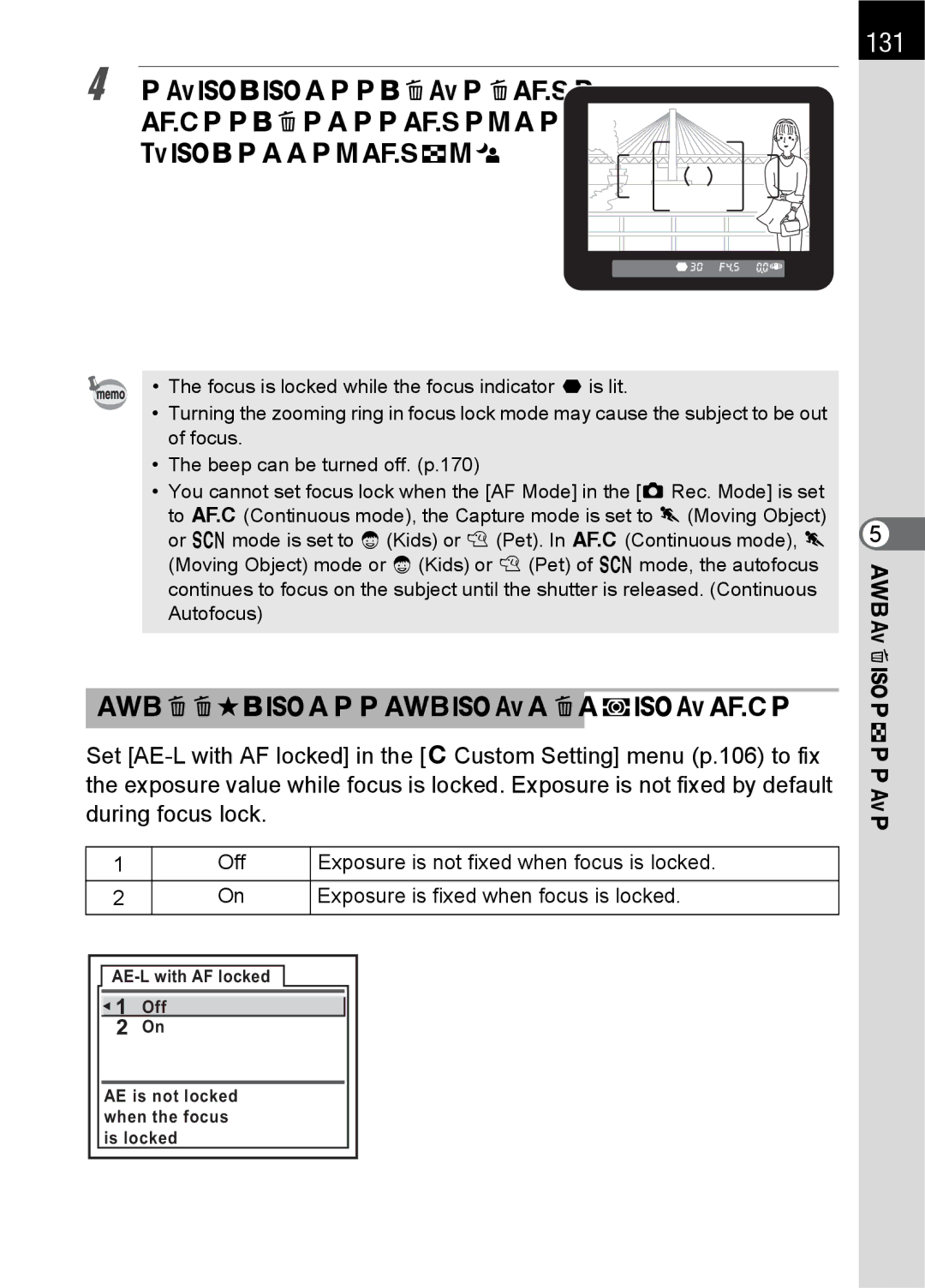 Pentax K100 D specifications 131, Fixing Exposure when Focus is Locked 