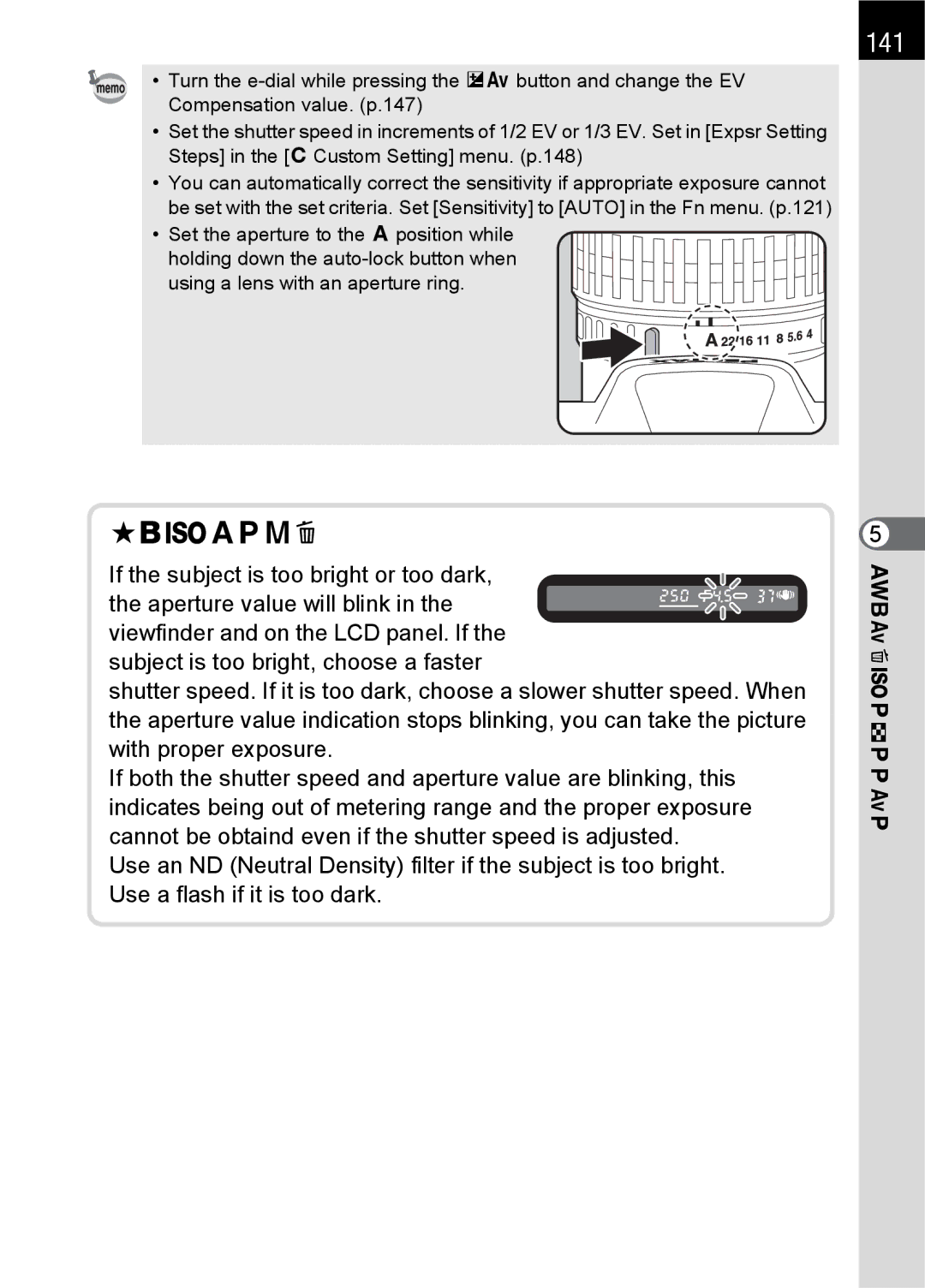 Pentax K100 D specifications 141, Exposure Warning 