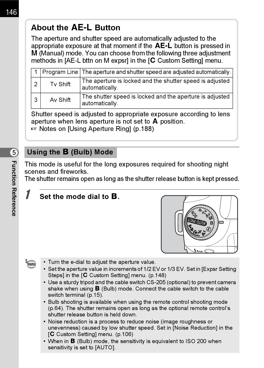 Pentax K100 D specifications 146, Using the p Bulb Mode, Set the mode dial to p 