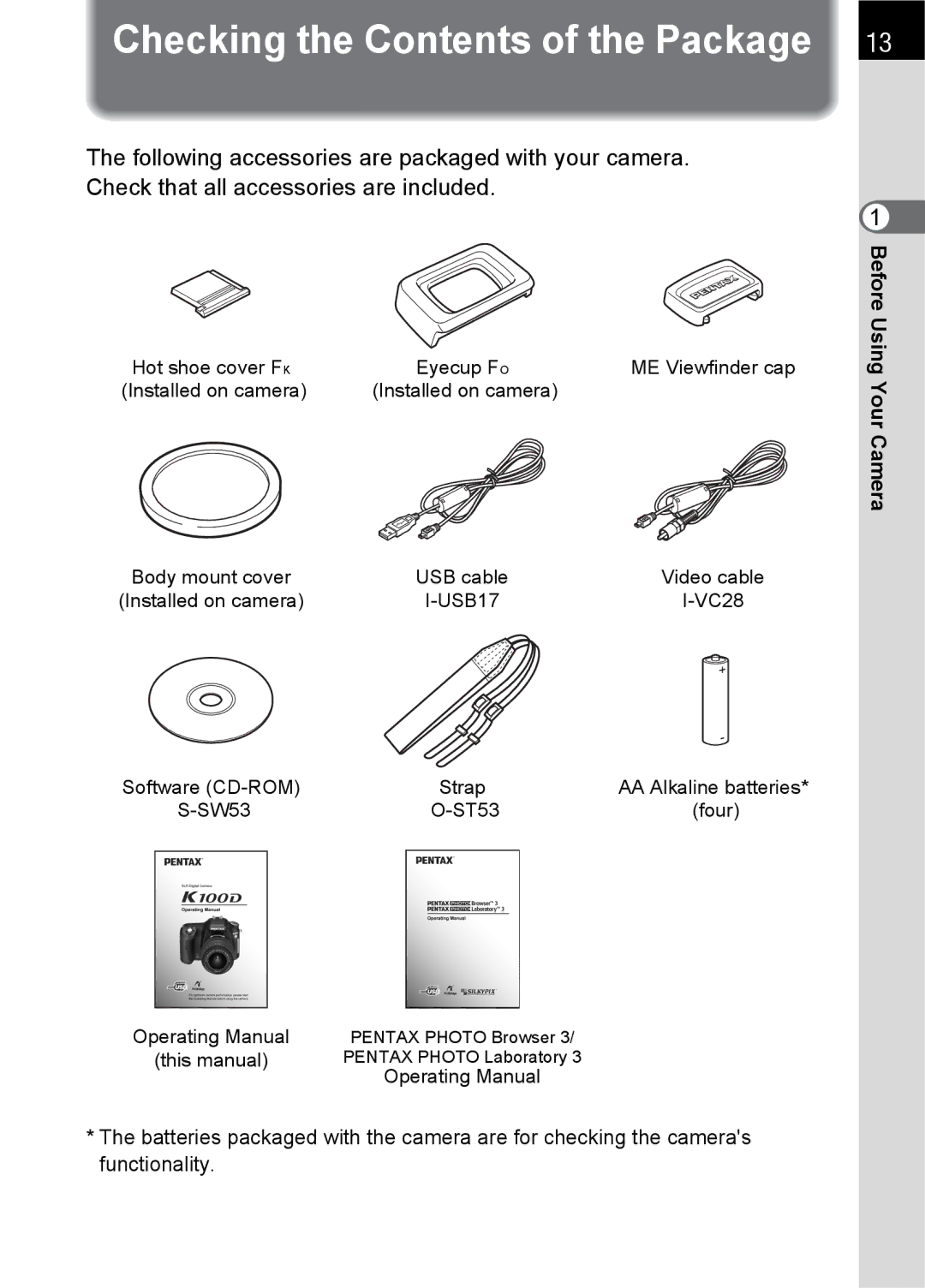 Pentax K100 D specifications Checking the Contents of the Package 