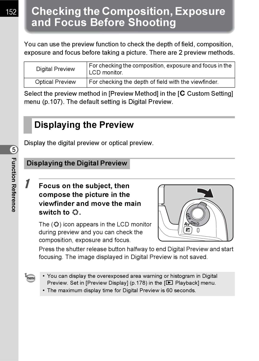 Pentax K100 D specifications Displaying the Preview, Display the digital preview or optical preview 