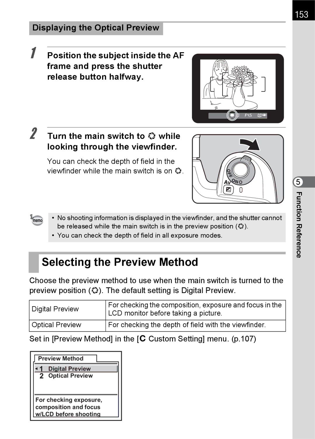 Pentax K100 D specifications Selecting the Preview Method, 153, Set in Preview Method in the ACustom Setting menu. p.107 