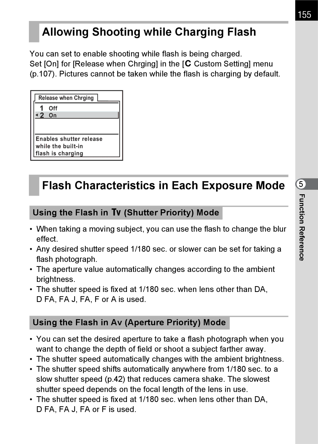 Pentax K100 D specifications Allowing Shooting while Charging Flash, Flash Characteristics in Each Exposure Mode, 155 