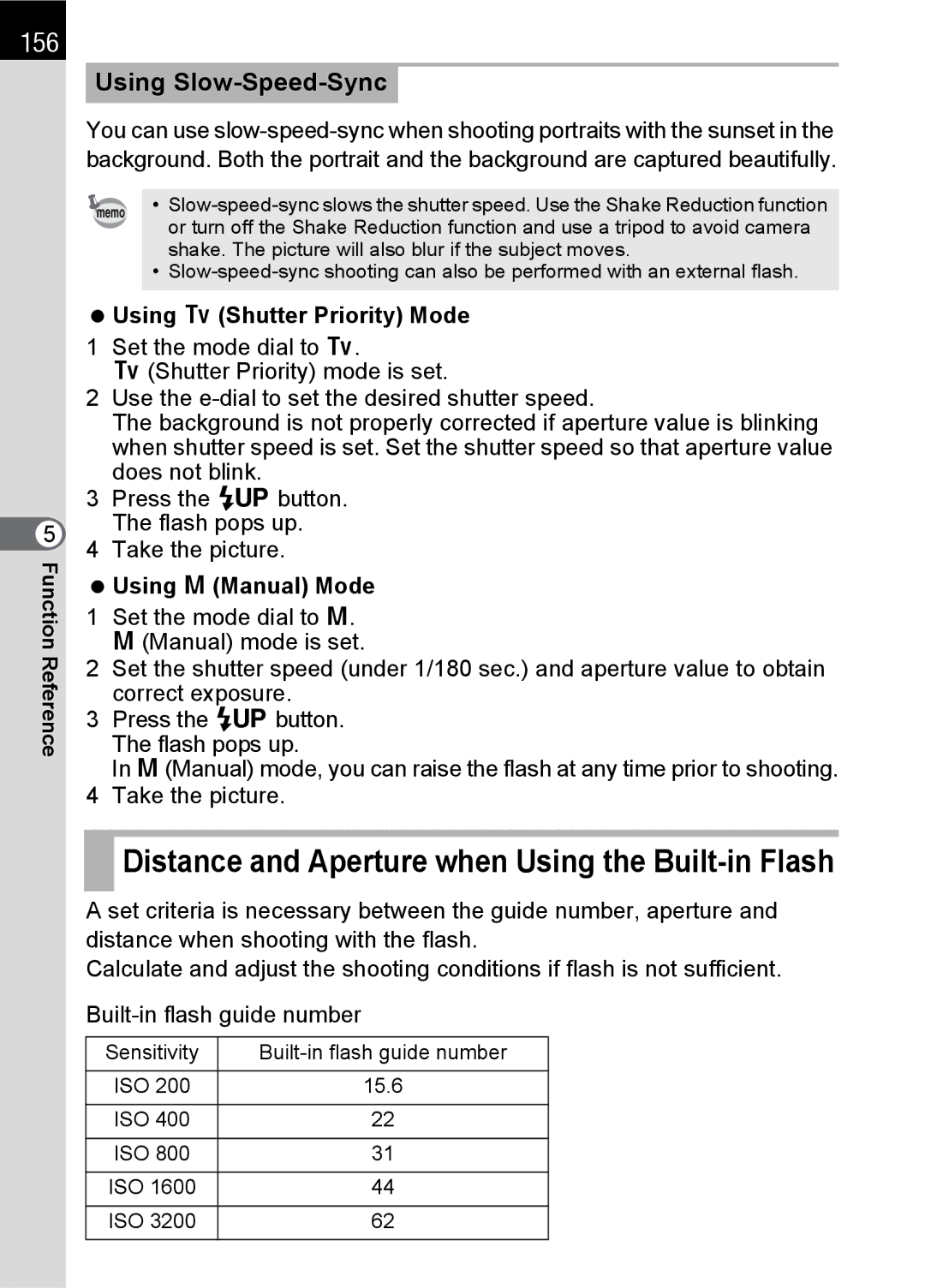 Pentax K100 D specifications 156, Using Slow-Speed-Sync, Using b Shutter Priority Mode, Using a Manual Mode 