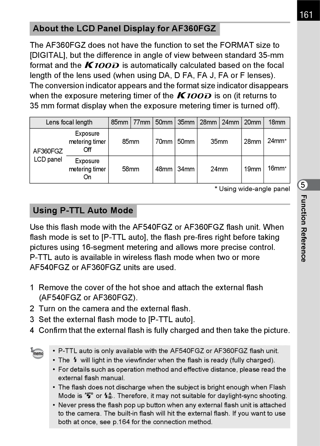 Pentax K100 D specifications 161, About the LCD Panel Display for AF360FGZ, Using P-TTL Auto Mode 