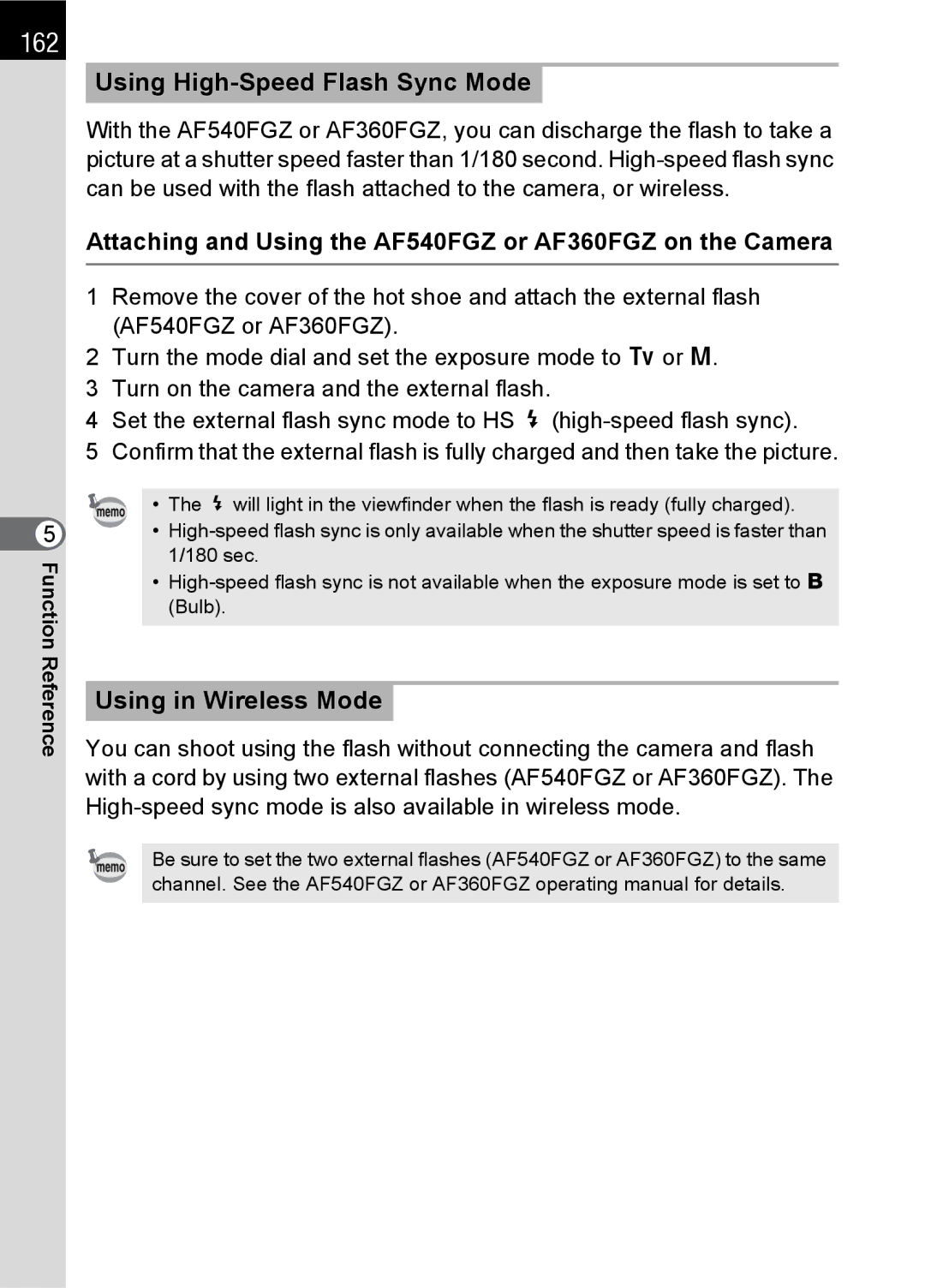 Pentax K100 D specifications 162, Using High-Speed Flash Sync Mode, Using in Wireless Mode 