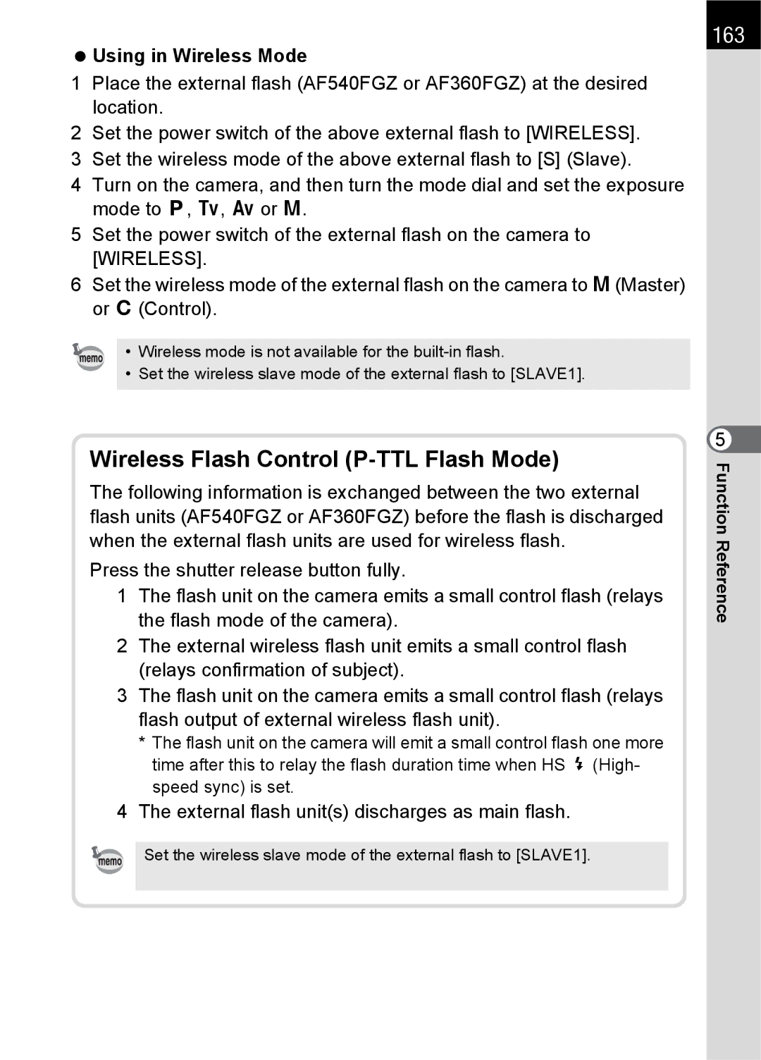 Pentax K100 D specifications 163, Using in Wireless Mode, External flash units discharges as main flash 