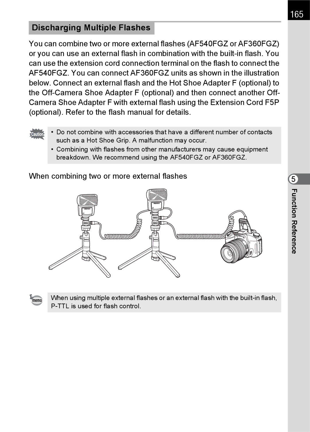 Pentax K100 D specifications 165, Discharging Multiple Flashes, When combining two or more external flashes 