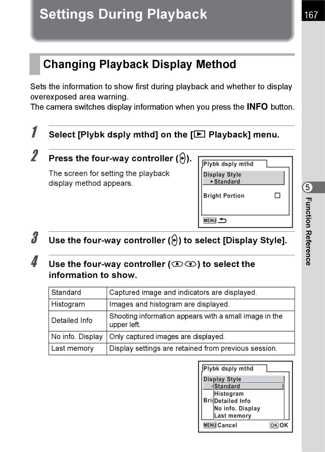 Pentax K100 D specifications Settings During Playback, Changing Playback Display Method, 167 