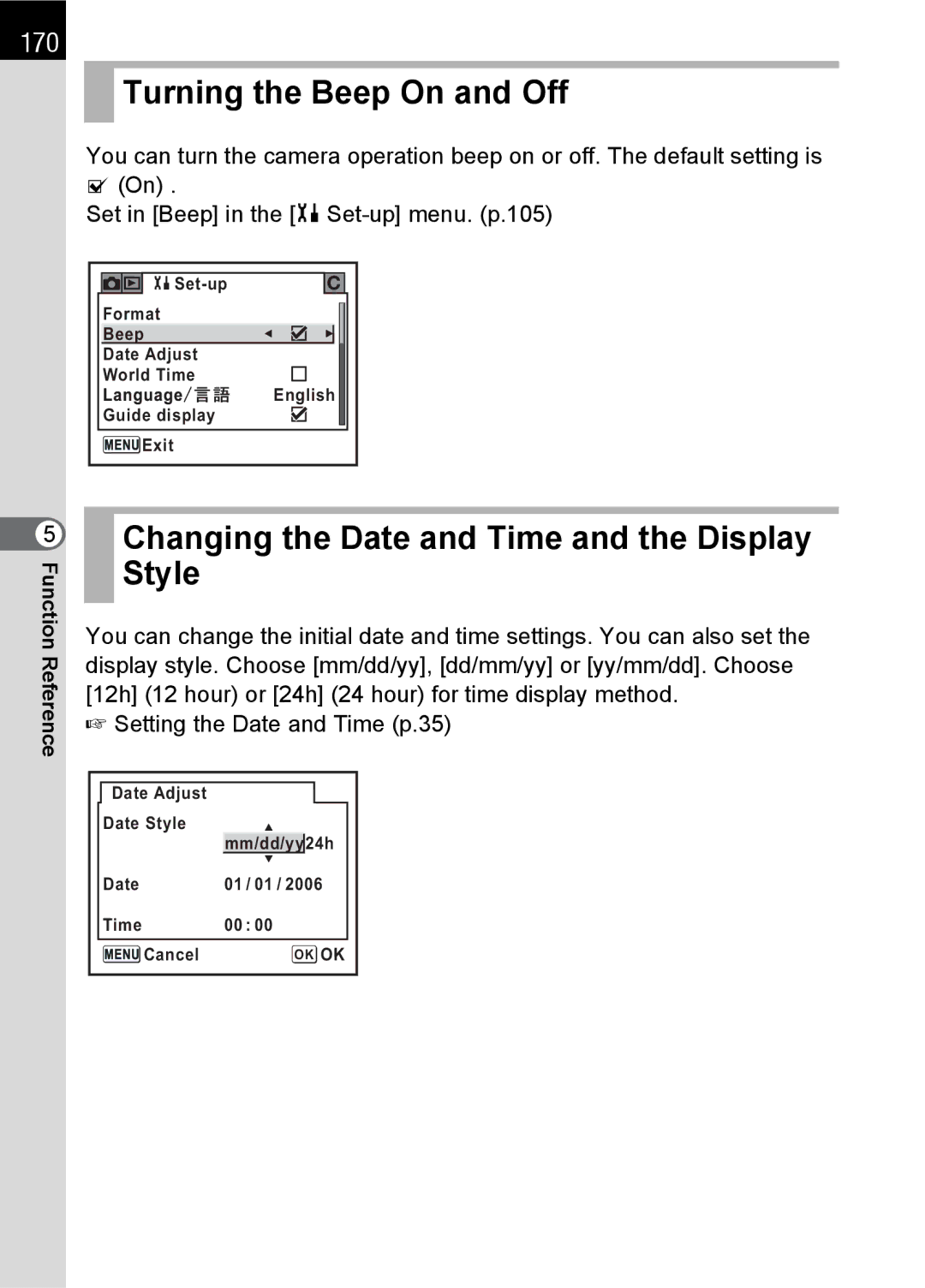 Pentax K100 D specifications Turning the Beep On and Off, Changing the Date and Time and the Display Style, 170 