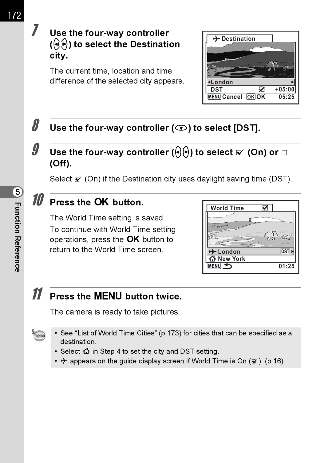 Pentax K100 D specifications 172, Press the 3 button twice, World Time setting is saved 