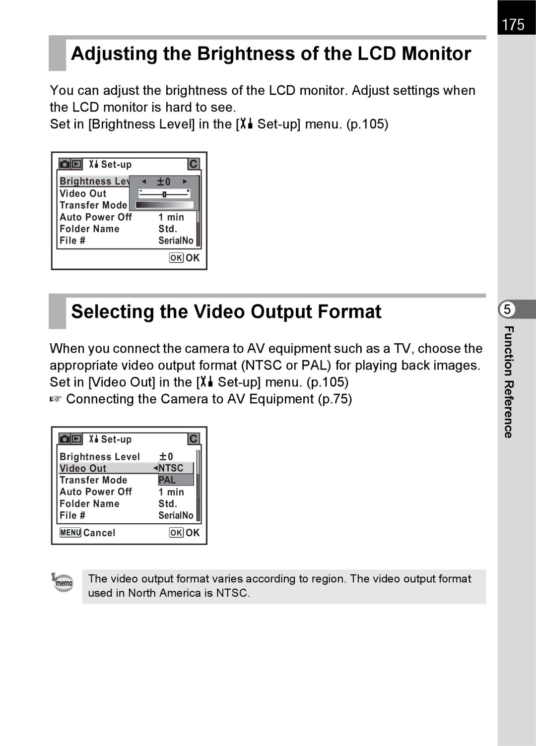 Pentax K100 D specifications Adjusting the Brightness of the LCD Monitor, Selecting the Video Output Format, 175 