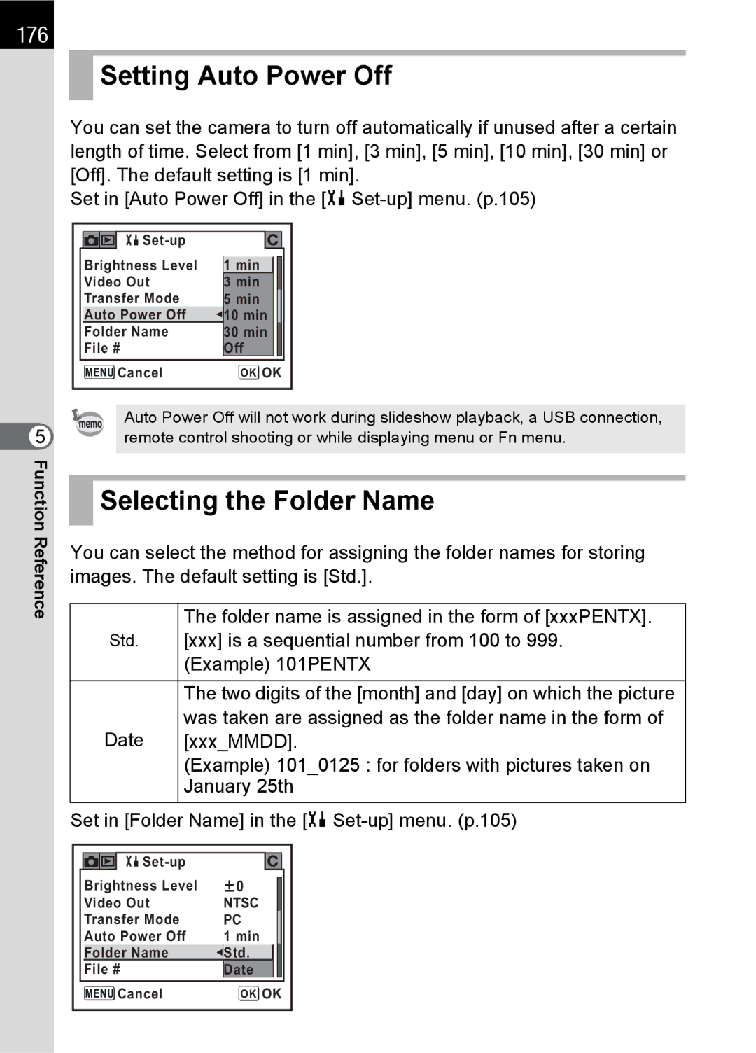 Pentax K100 D specifications Setting Auto Power Off, Selecting the Folder Name, 176 