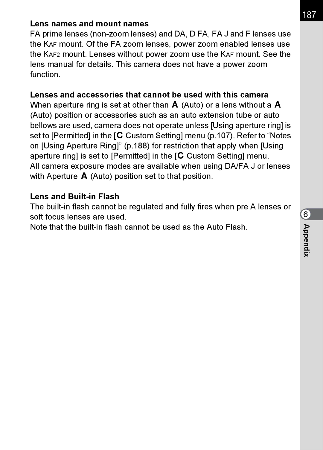 Pentax K100 D specifications 187, Lens names and mount names, Lens and Built-in Flash 