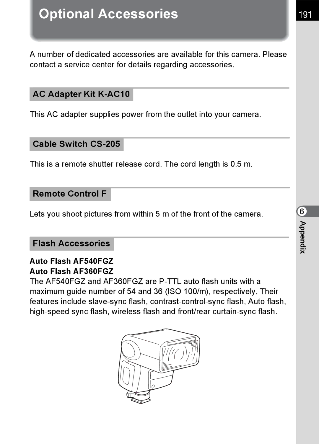 Pentax K100 D specifications Optional Accessories, 191 