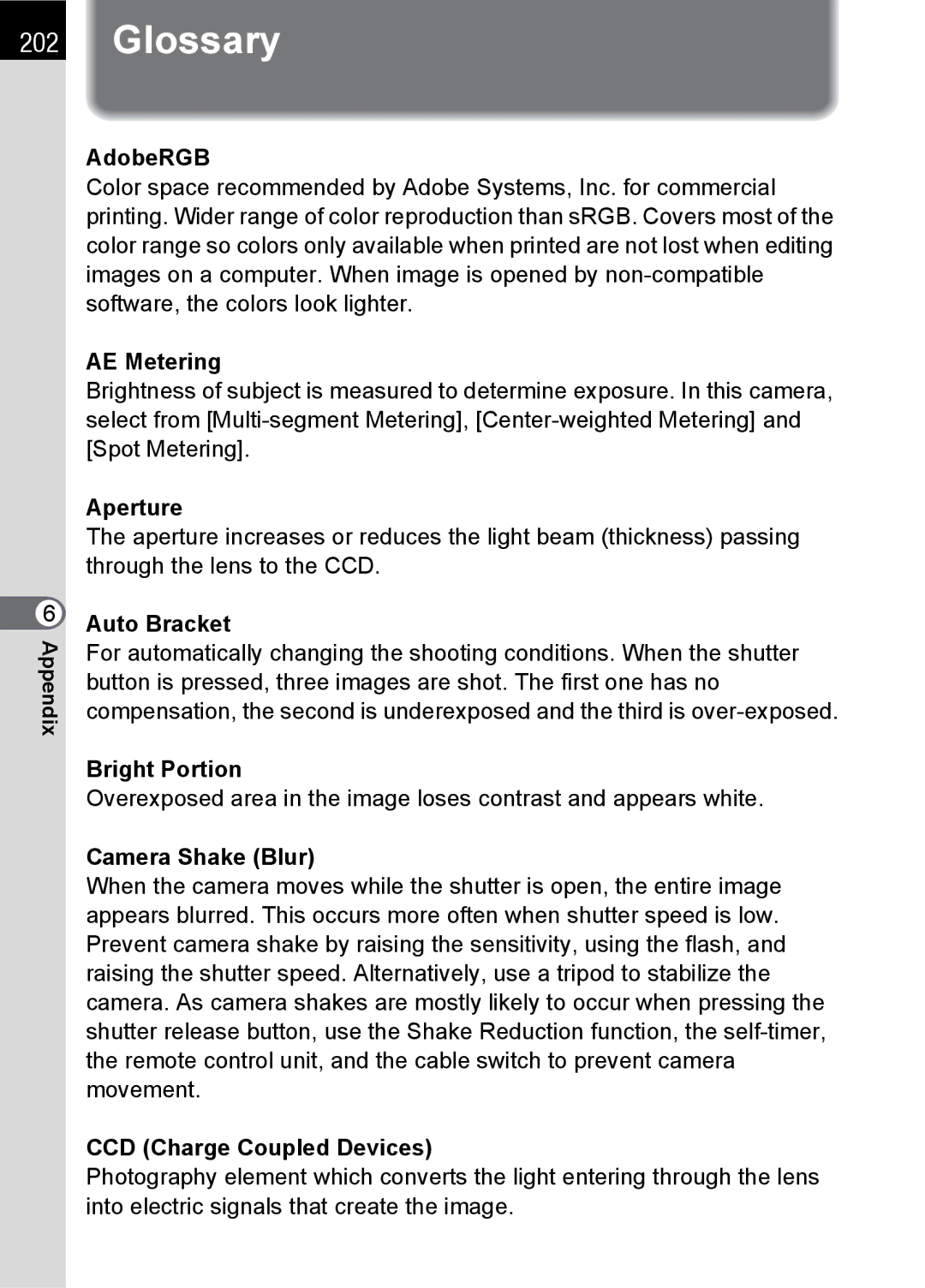 Pentax K100 D specifications Glossary 