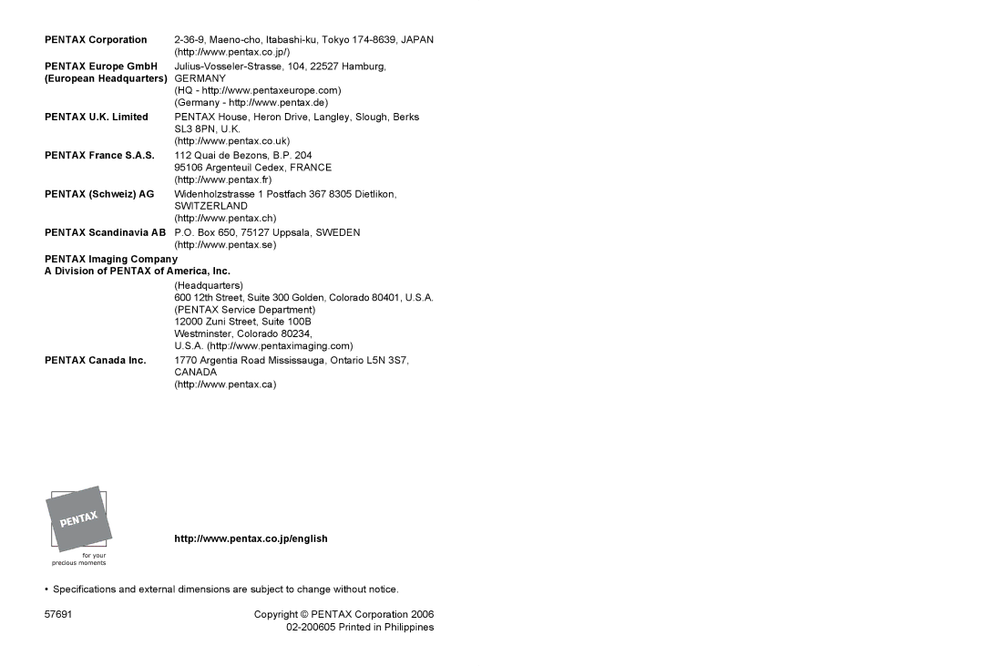 Pentax K100 D specifications Pentax Imaging Company Division of Pentax of America, Inc 