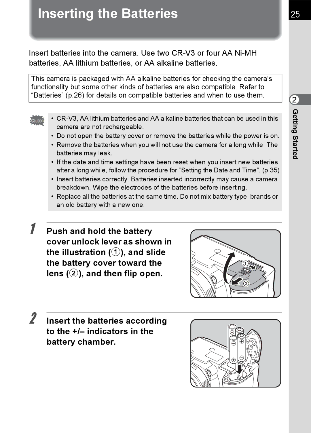 Pentax K100 D specifications Inserting the Batteries, Battery cover toward 