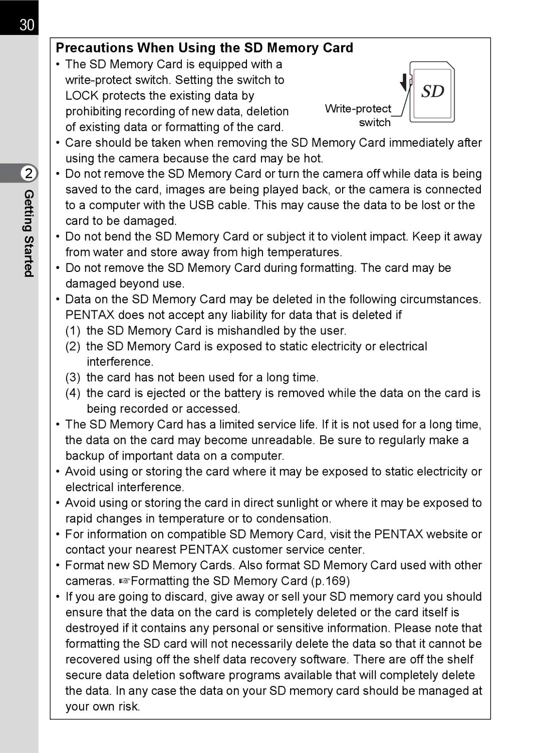 Pentax K100 D specifications Precautions When Using the SD Memory Card 