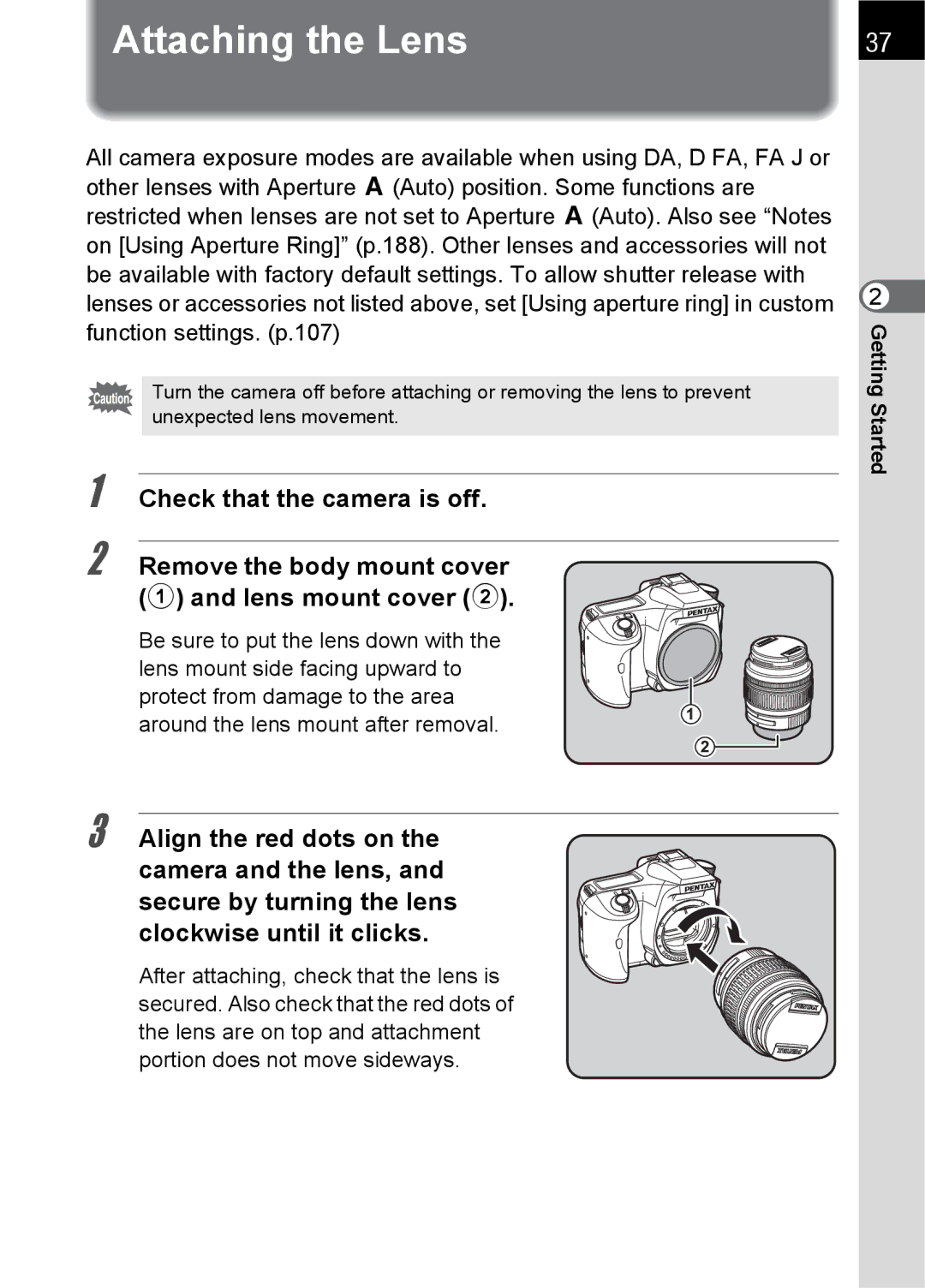 Pentax K100 D specifications Attaching the Lens 