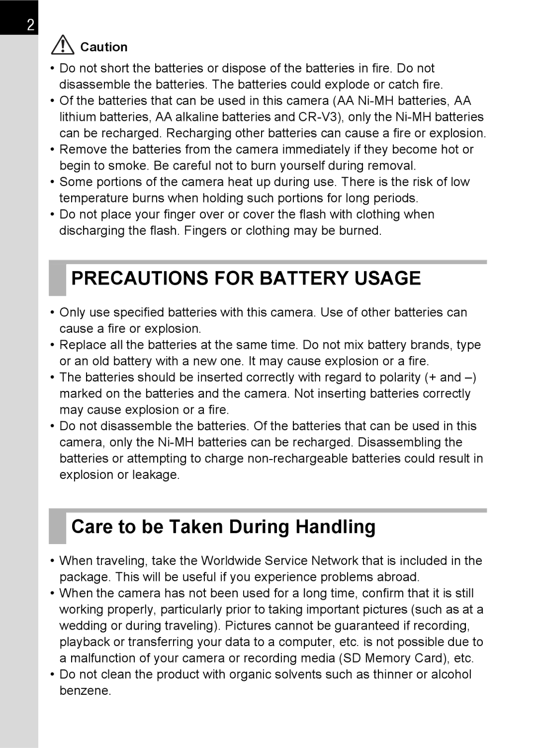 Pentax K100 D specifications Precautions for Battery Usage, Care to be Taken During Handling 