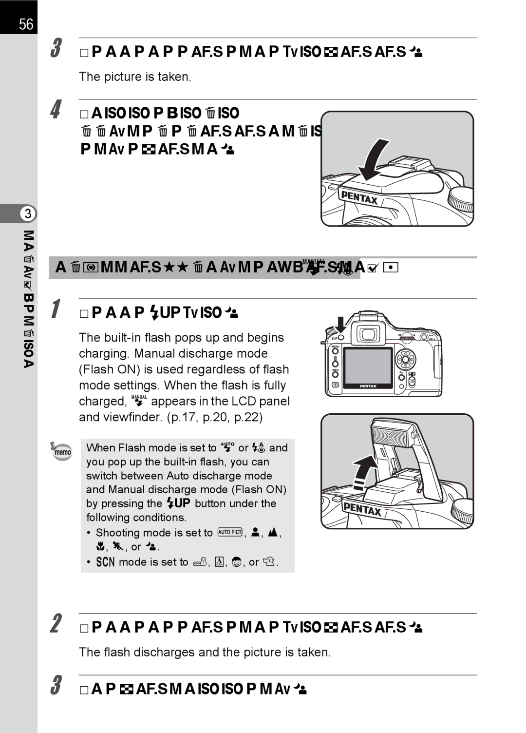 Pentax K100 D specifications Using Manual Discharge Flash on h, j Press the Kbutton, Push the flash down to retract 