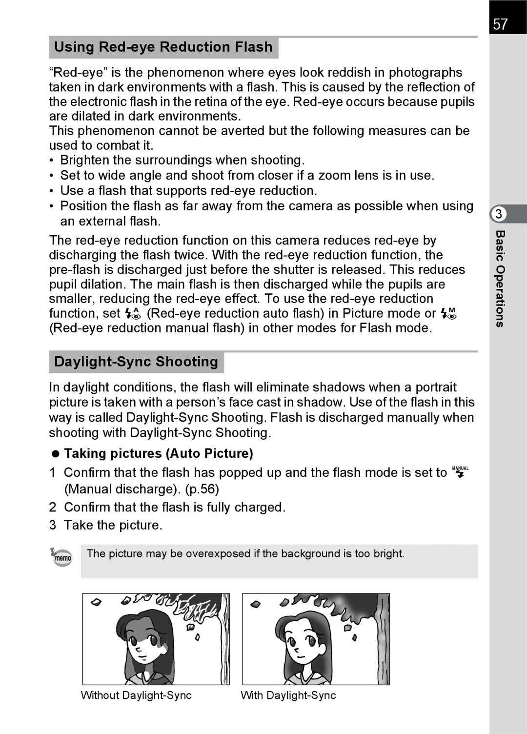 Pentax K100 D specifications Using Red-eye Reduction Flash, Daylight-Sync Shooting, Taking pictures Auto Picture 