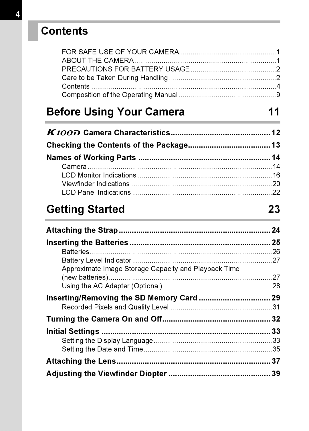 Pentax K100 D specifications Contents, Before Using Your Camera, Getting Started 