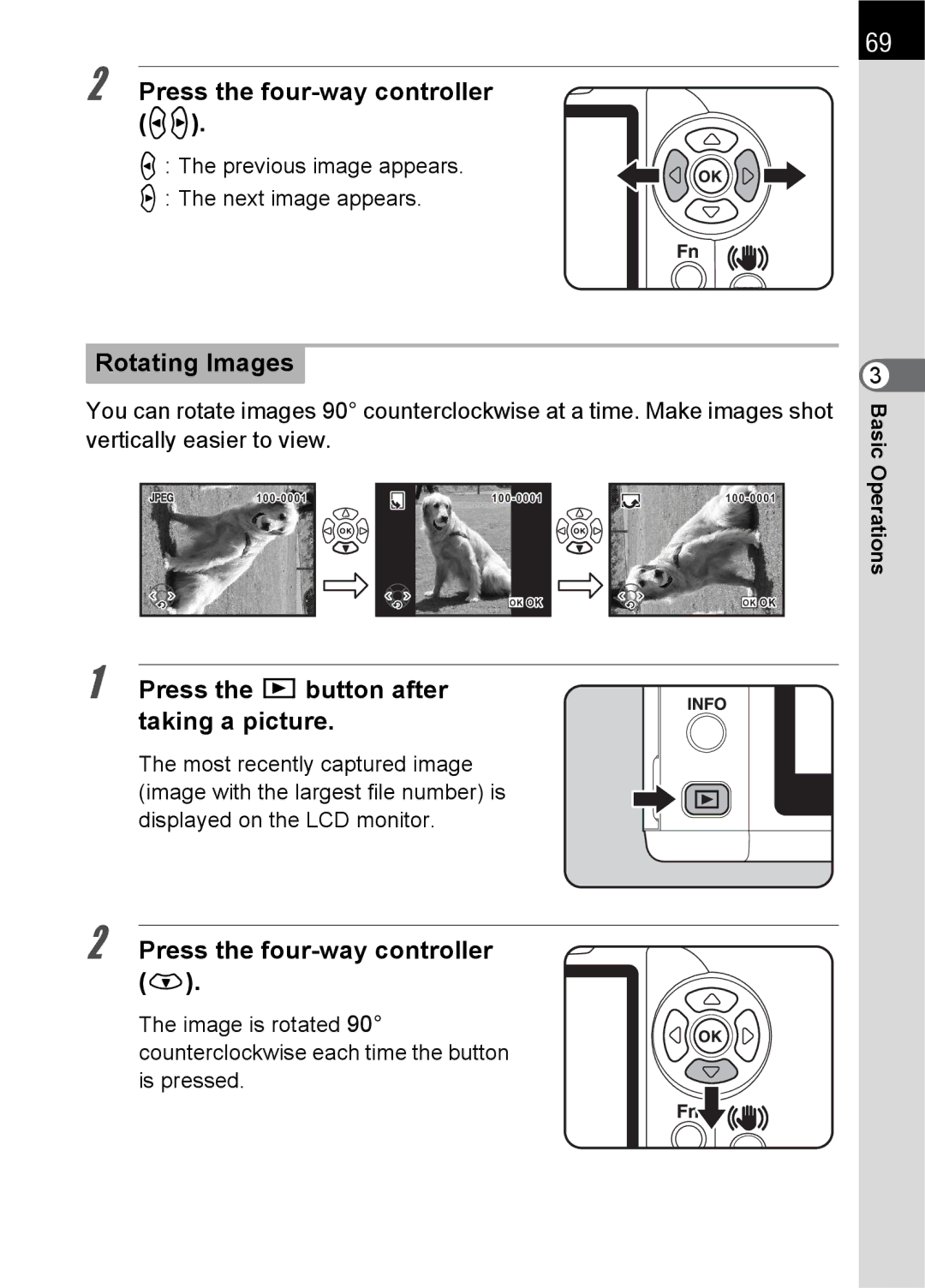 Pentax K100 D specifications Press the four-way controller op, Rotating Images, Previous image appears Next image appears 