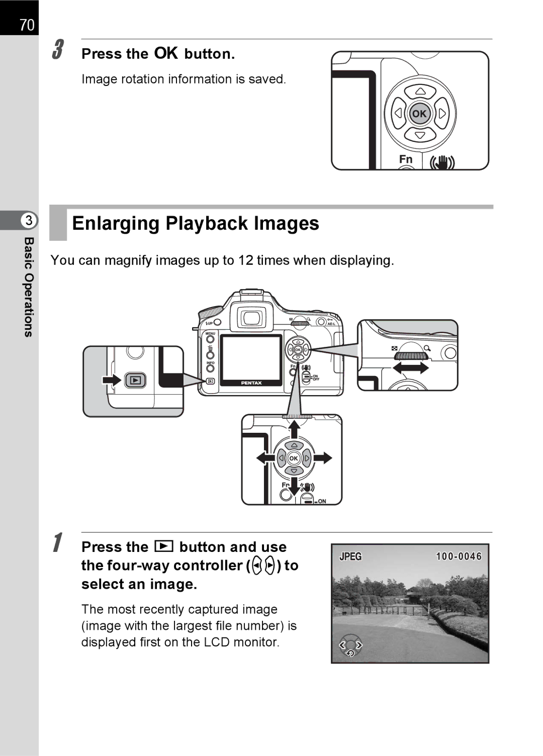 Pentax K100 D Enlarging Playback Images, Press the Q button and use, Four-way controller op to Select an image 