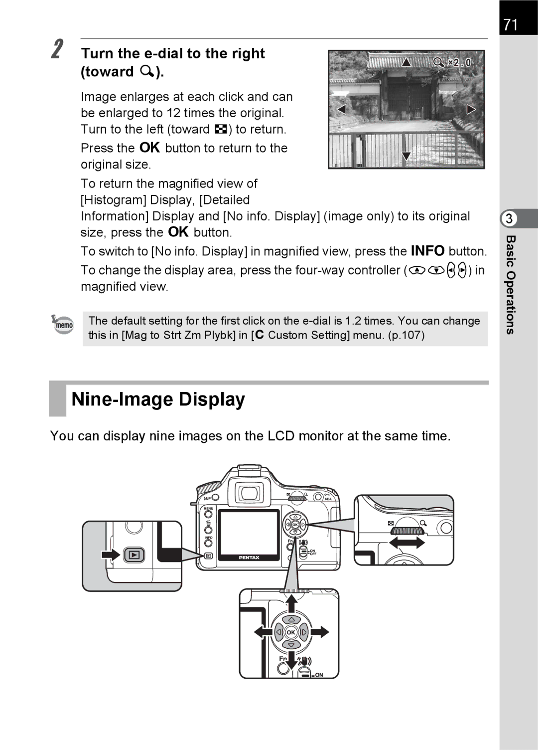 Pentax K100 D specifications Nine-Image Display, Turn the e-dial to the right Toward y 