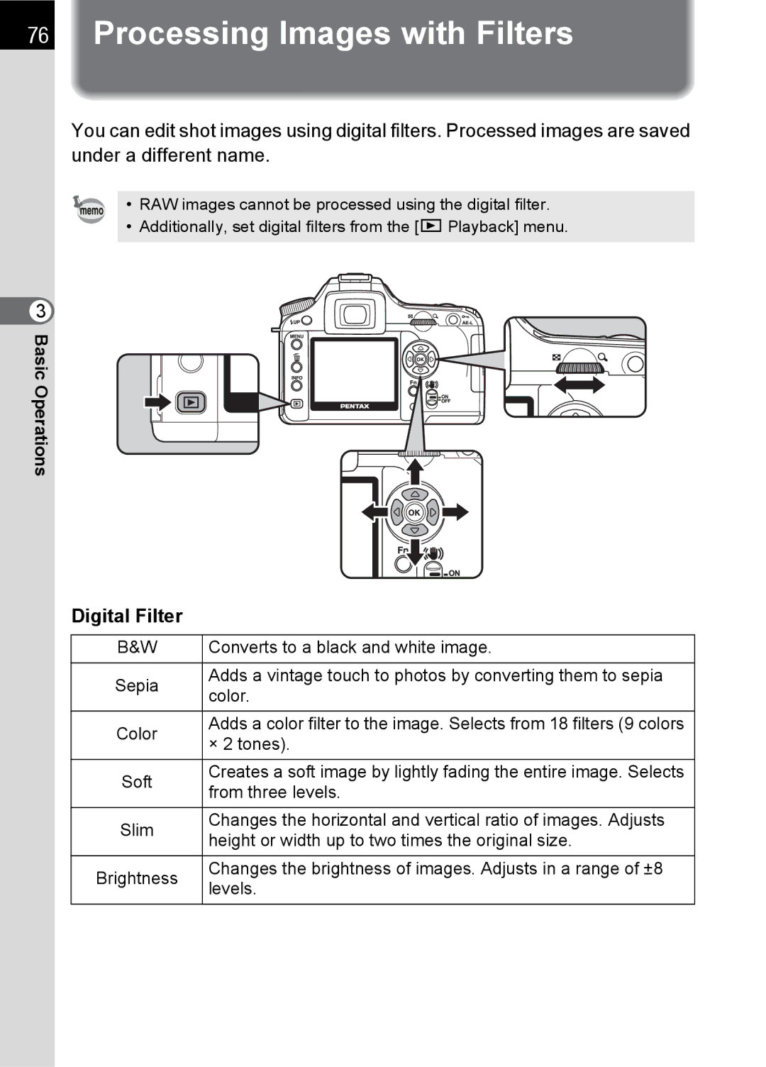 Pentax K100 D specifications Processing Images with Filters, Digital Filter 