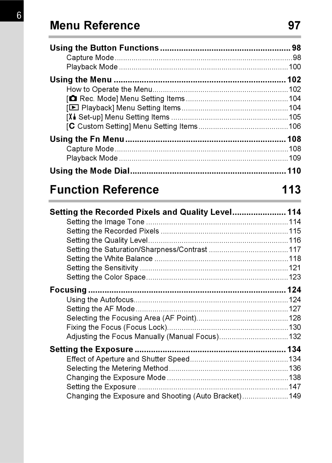 Pentax K100 D specifications Menu Reference, Function Reference 