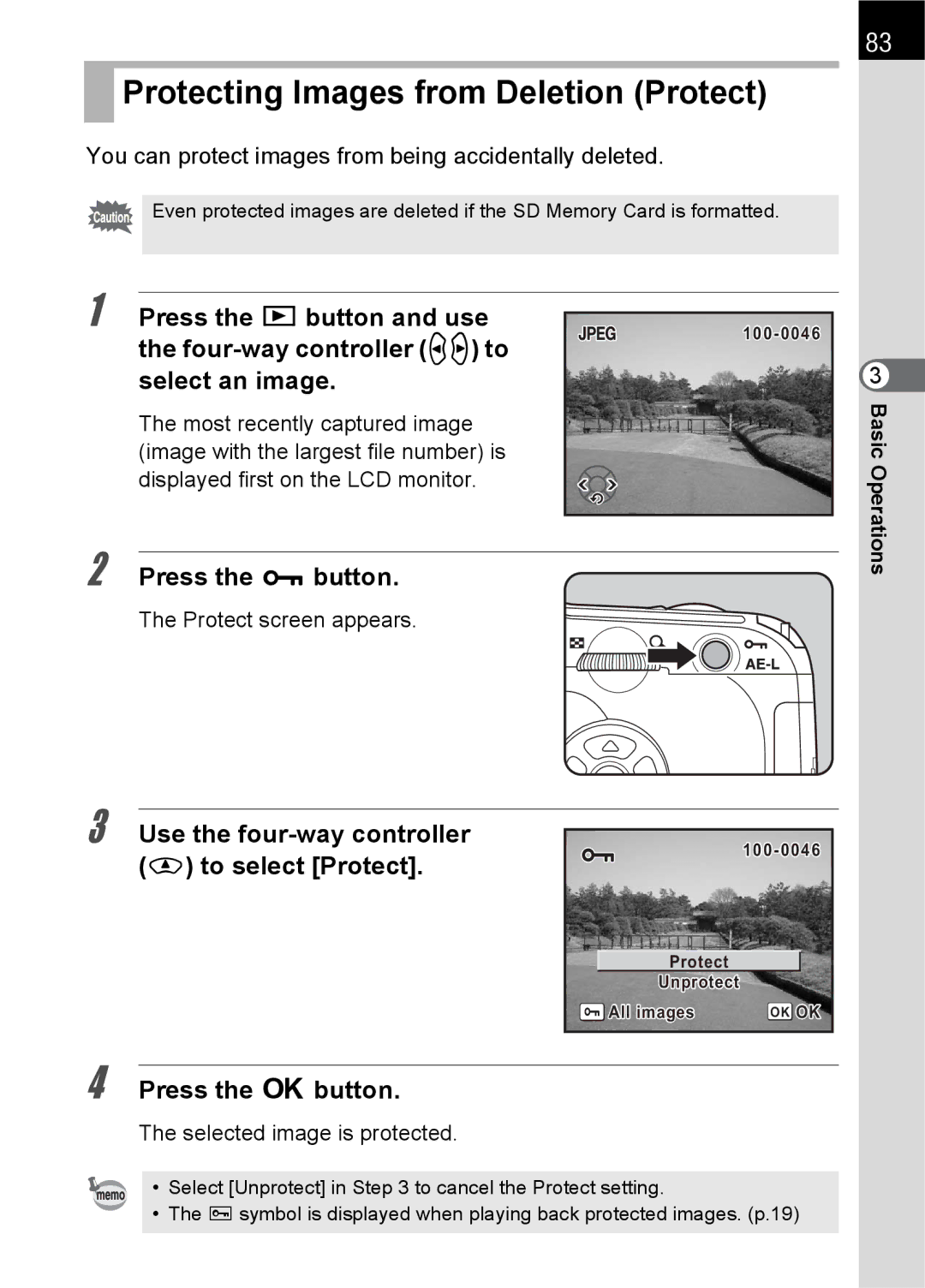 Pentax K100 D Protecting Images from Deletion Protect, Press the Z button, Use the four-way controller, To select Protect 