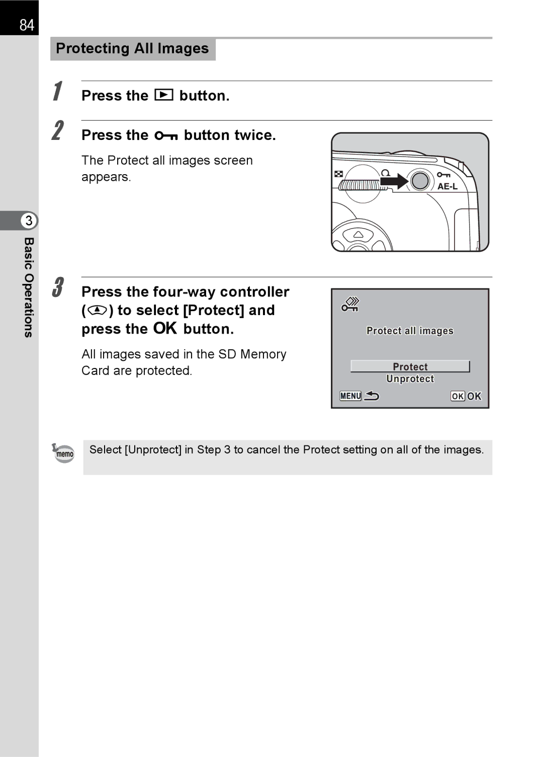 Pentax K100 D specifications Protect all images screen appears, All images saved in the SD Memory Card are protected 