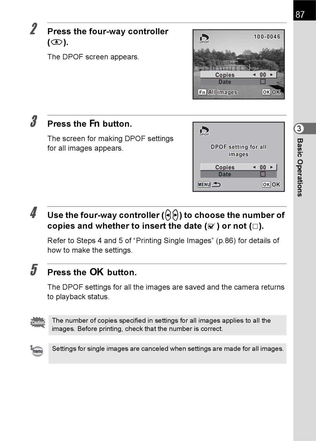 Pentax K100 D specifications Dpof screen appears, Screen for making Dpof settings for all images appears 