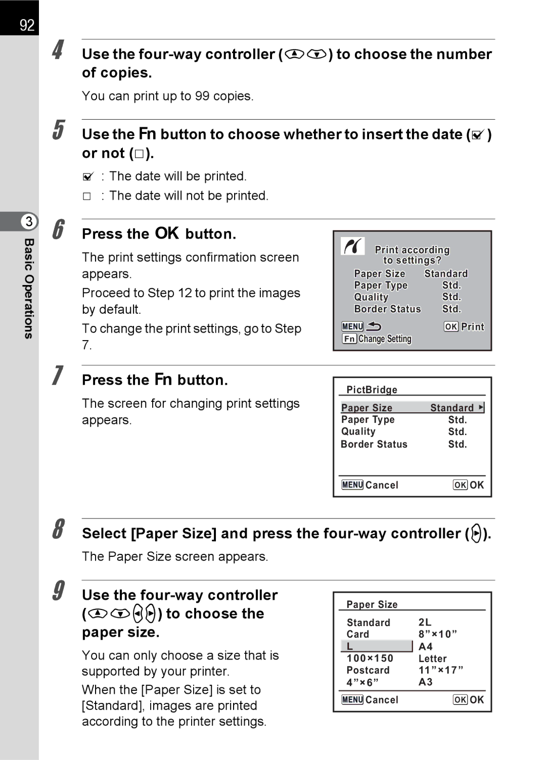 Pentax K100 D specifications Select Paper Size and press the four-way controller p, You can print up to 99 copies 